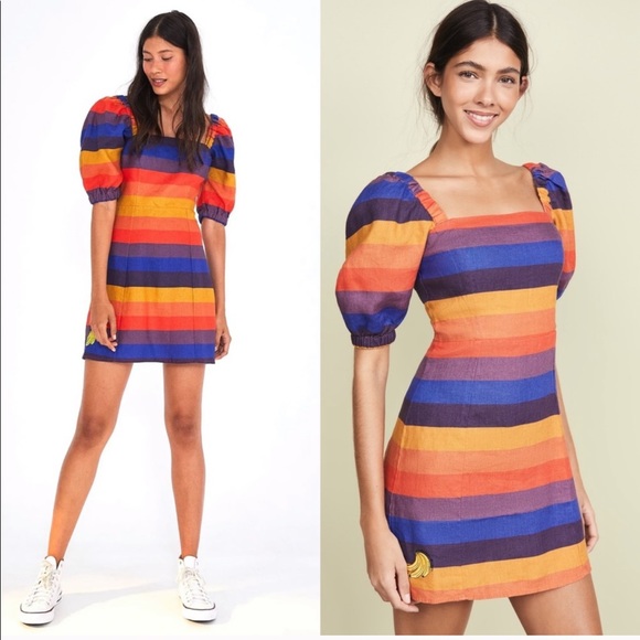 Farm Rio Rainbow Puff Sleeve Linen Mini Dress - Picture 9 of 10